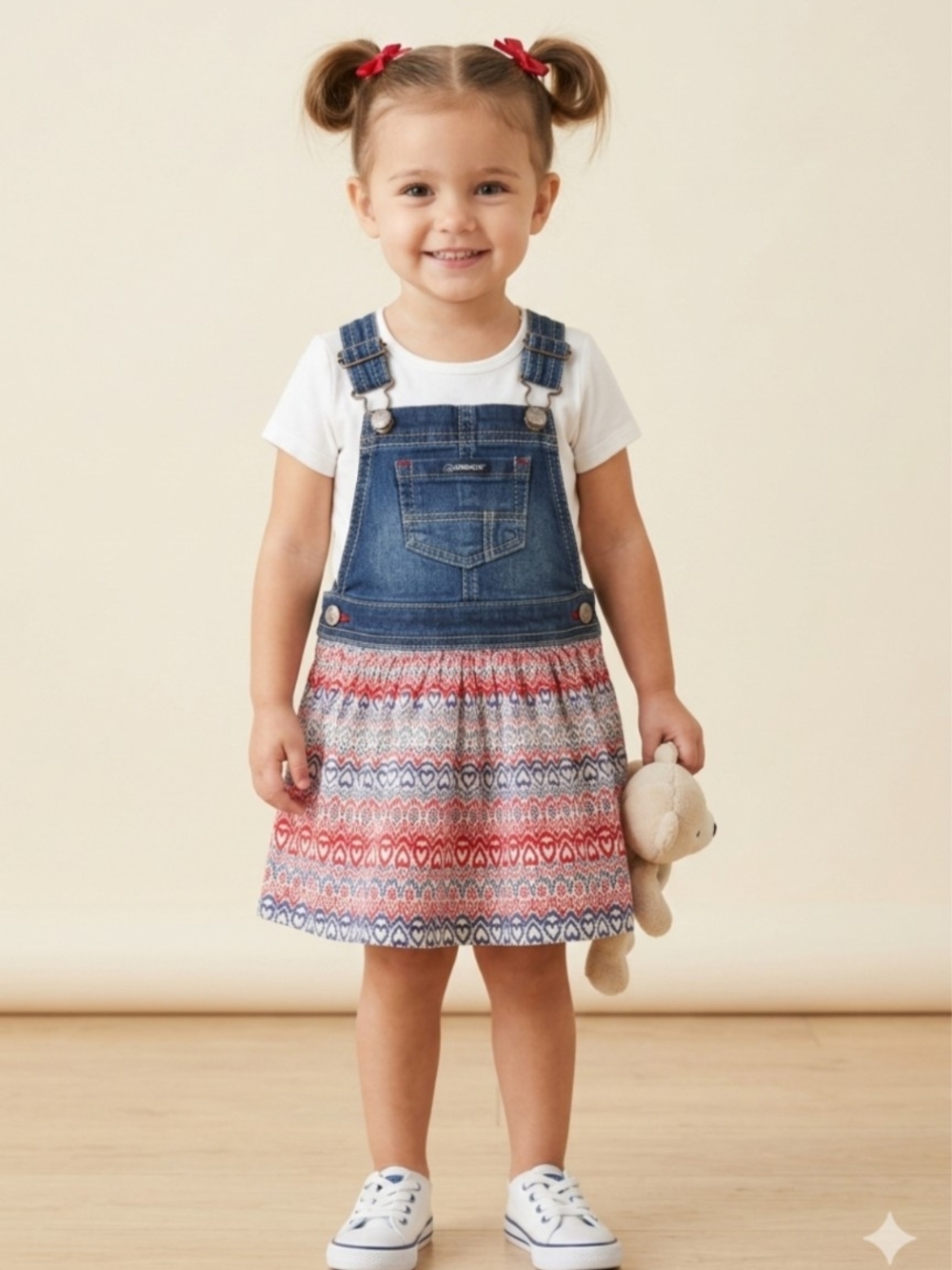Jordache Denim Bib Dress with Red and Blue Patterned Skirt Size 2T
